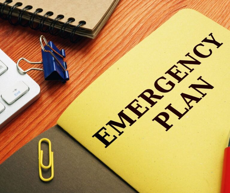 A yellow paper with the words "Emergency Plan" in black.