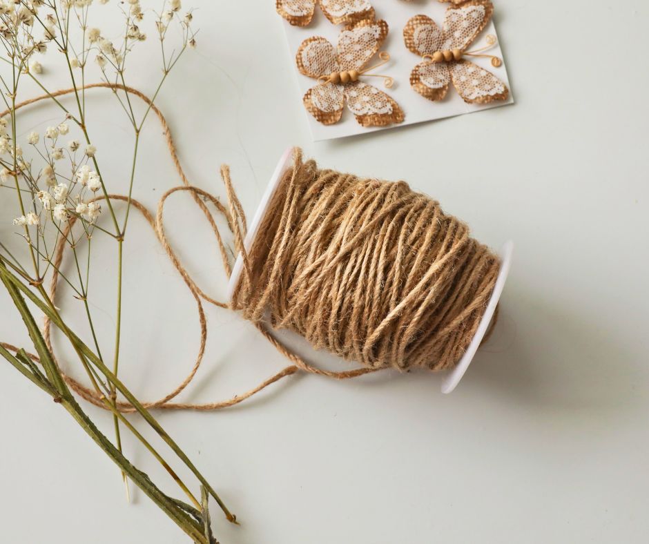 Natural twine, dried flowers, and cloth butterflies on a white table.