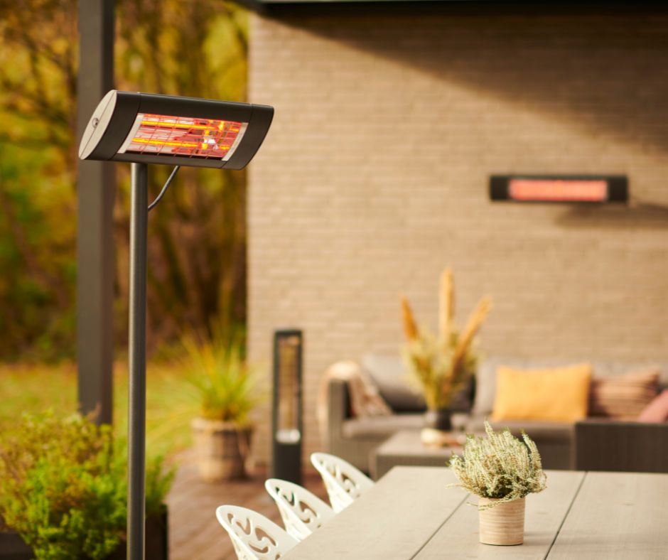 An outdoor patio dinning area surrounded by heaters.