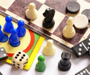 An assortment of brightly colored board game pieces.