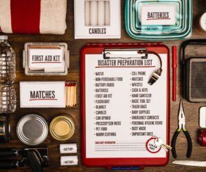An organized emergency kit with every component labeled and a checklist at the center.