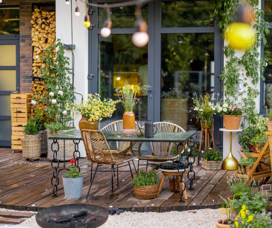 Spring dining space on a patio surrounded by plants.