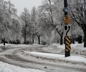 A snowy road in a winter landscape full of icy trees.