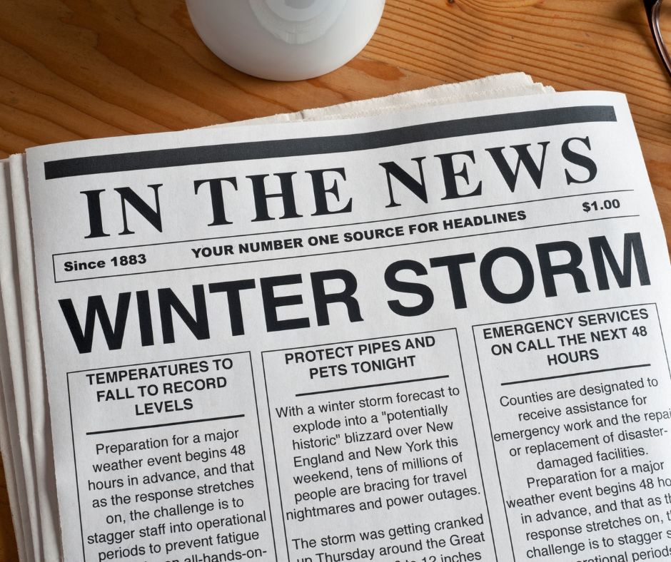 A newspaper with the headline "Winter Storm".