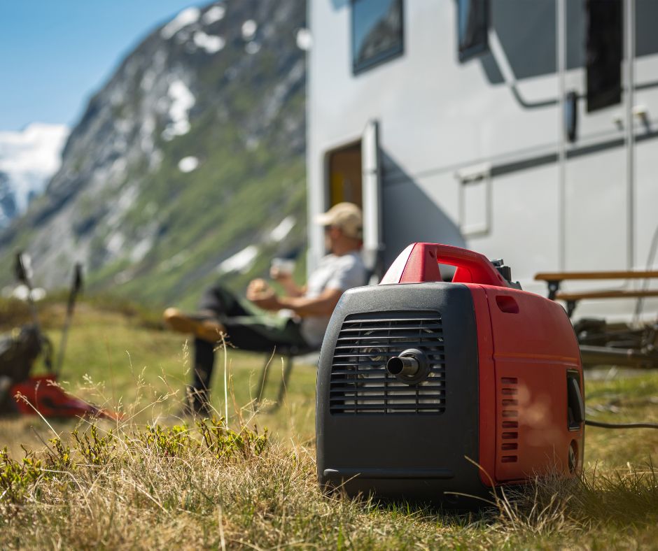 A red and black backup power generator designed for emergencies and recreation powering an RV.