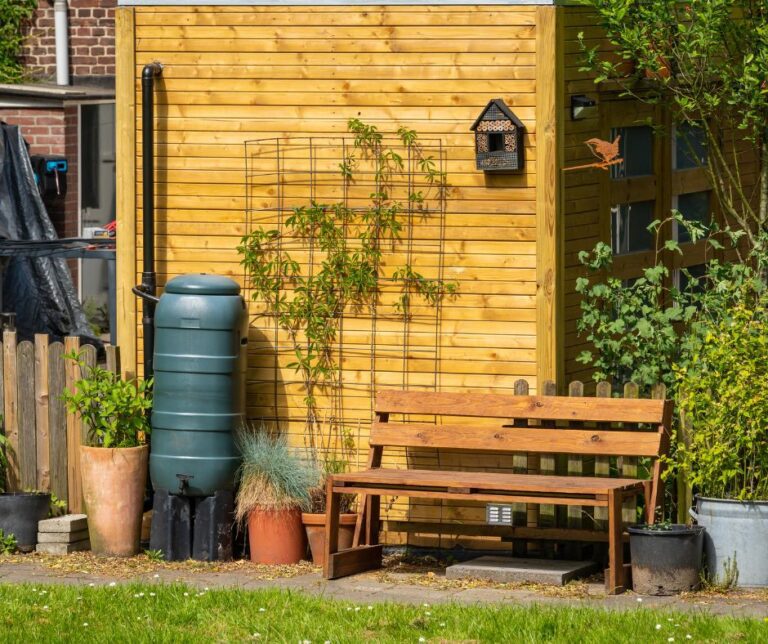 A basic barrel rain harvesting in a home garden.