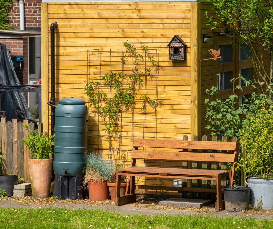 A basic barrel rain harvesting in a home garden.