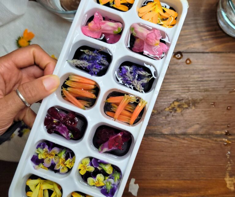 An ice cube tray with each cell filled with brightly colored flowers.