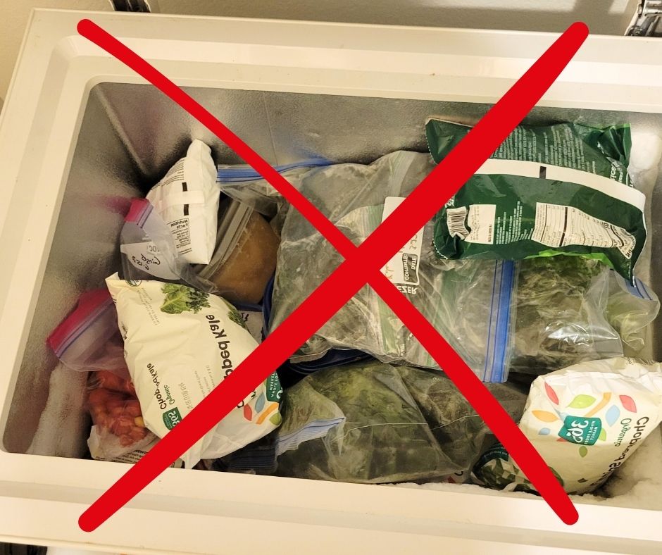 An open deep freezer with a pile of disorganized food containers with a red "x" over the image.