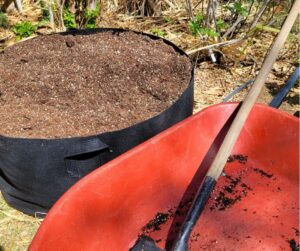 A red wheel barrel next to a 100 gallon garden grow bag filled with new soil. for summer garden vegetable planting.