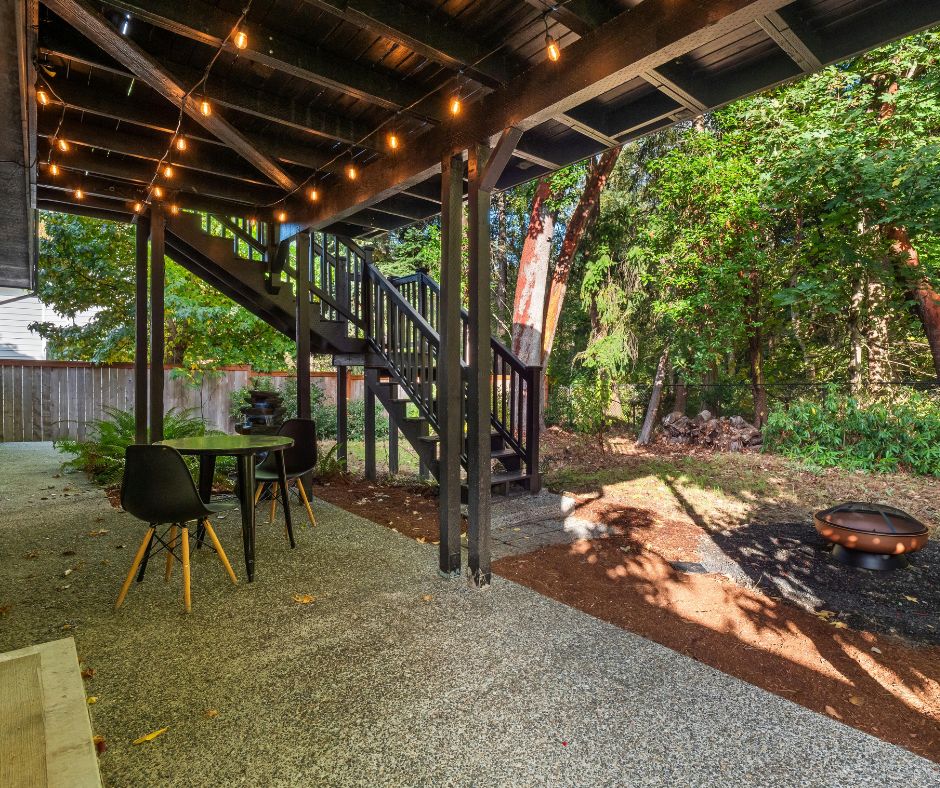 A seating area on a shady patio.