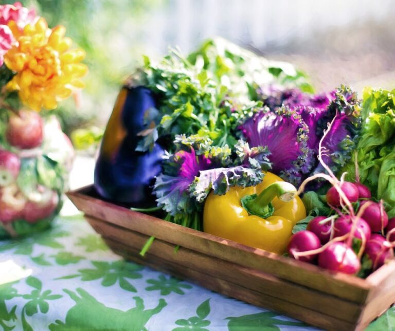 A basket of freshly harvested garden vegetables.