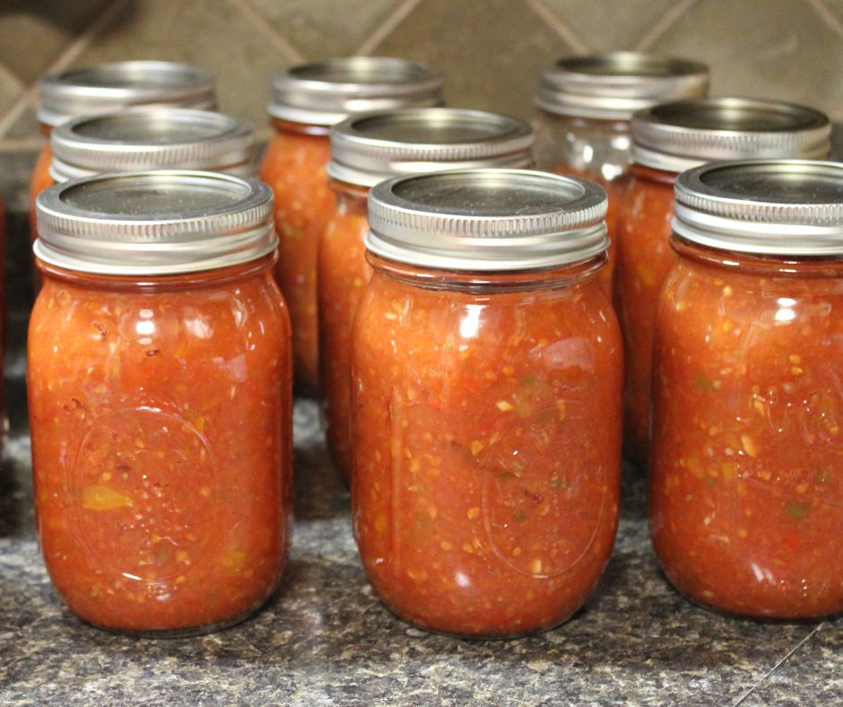 Cans of home canned salsa cooling on a counter top.