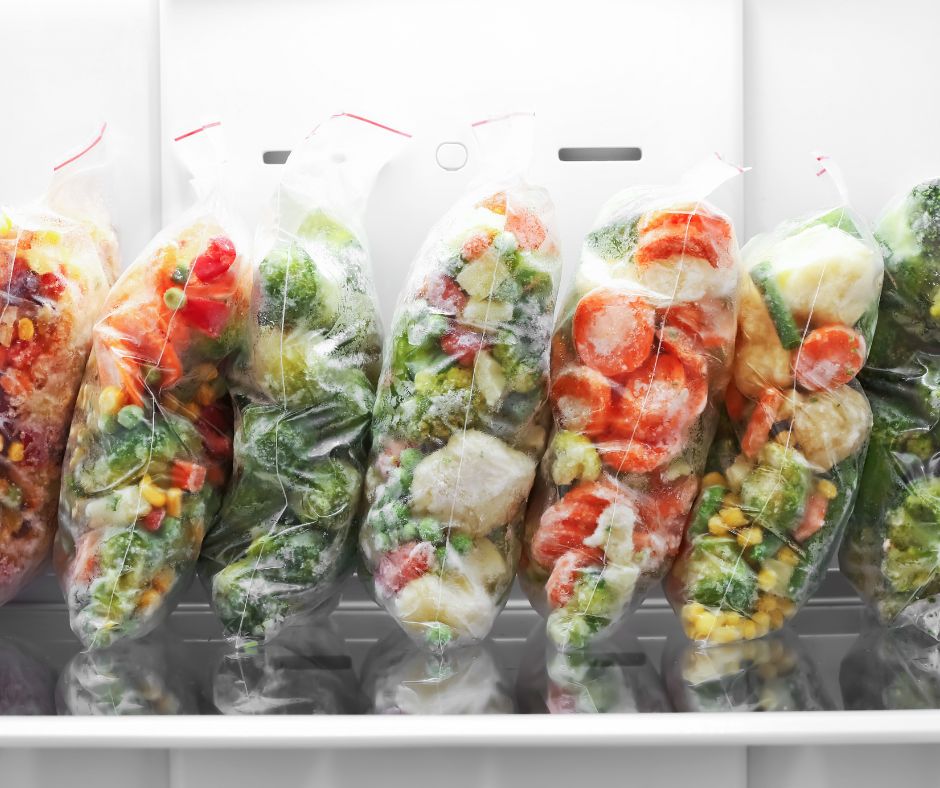 Bags of frozen garden veggies in a freezer.
