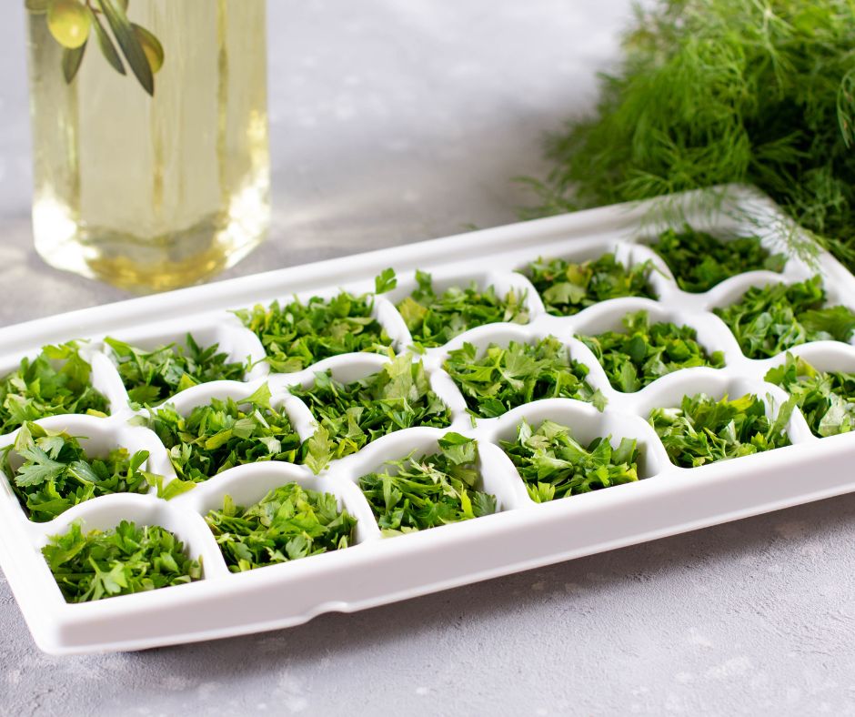 Chopped fresh herbs in an ice cube tray.