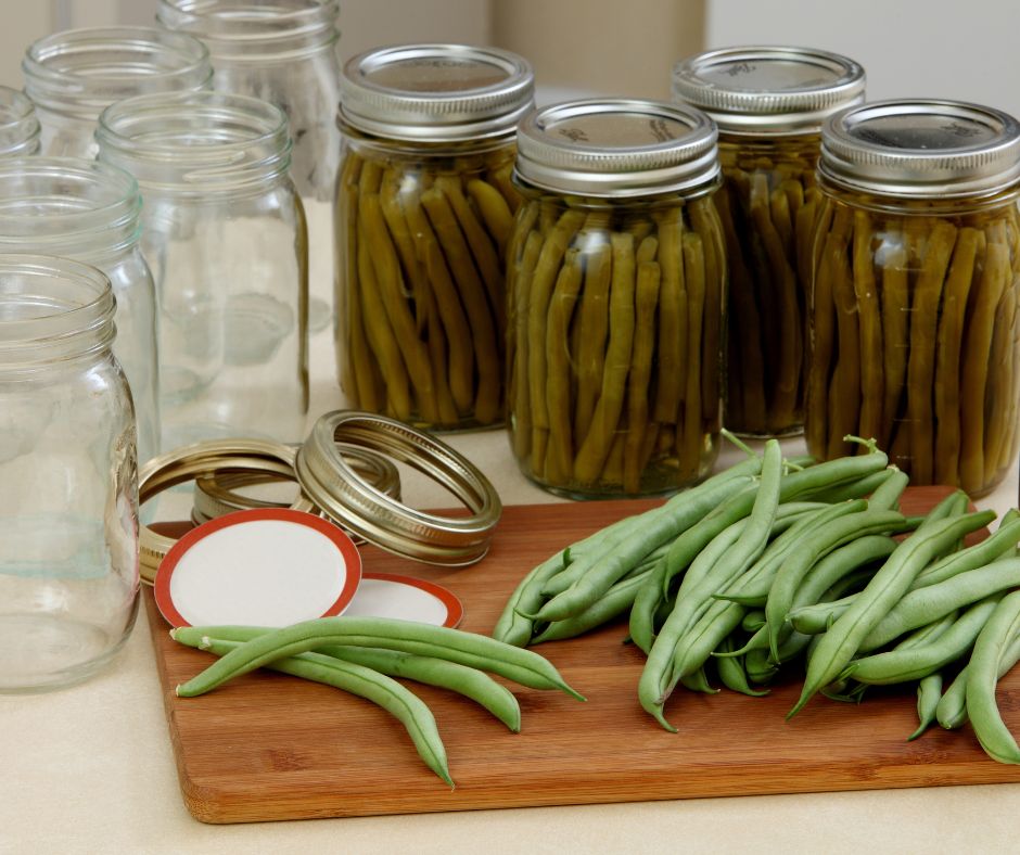 Fresh green beans on a cutting board in front of several jars of canned green beans.
