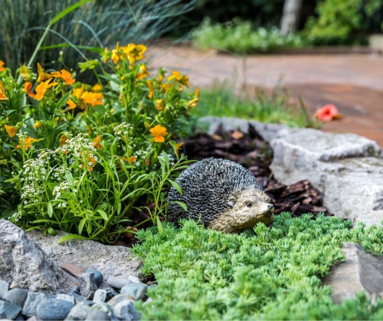 Ceramic hedge hog tucked into a rock garden with colorful ground covers.