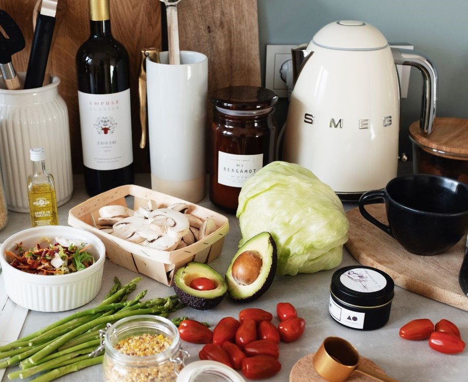 Garden fresh ingredients and SMEG appliances on a kitchen counter