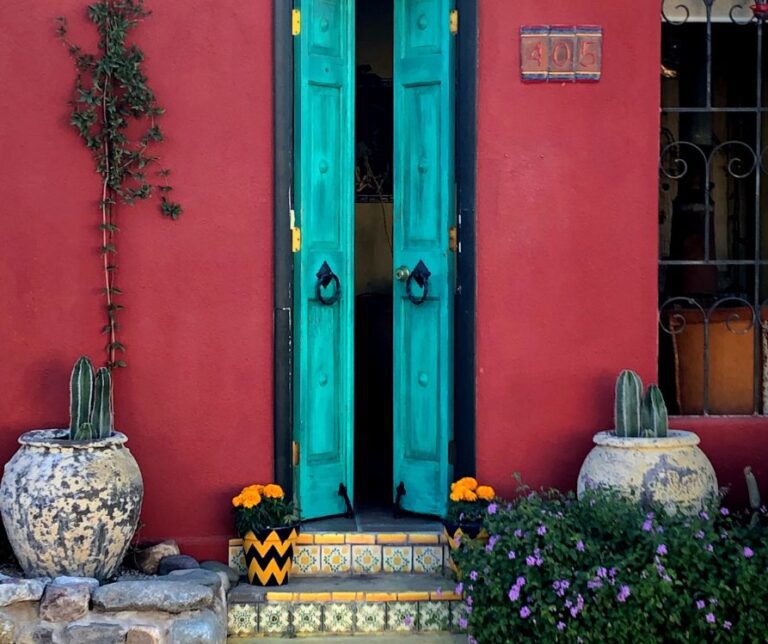 A turquoise doorway on a red building with mums and cacti in pots.