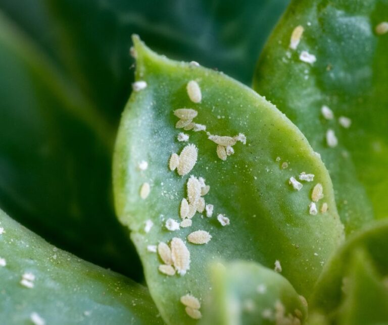 Multiple green leaves covered in white mealybugs.