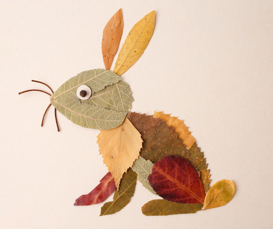 rabbit created with autumn leaves, dry leaf collage.