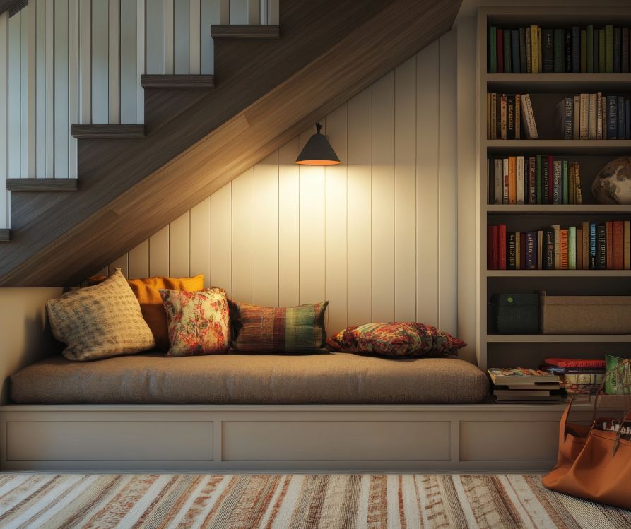 A daybed below a stair case next to a bookcase.