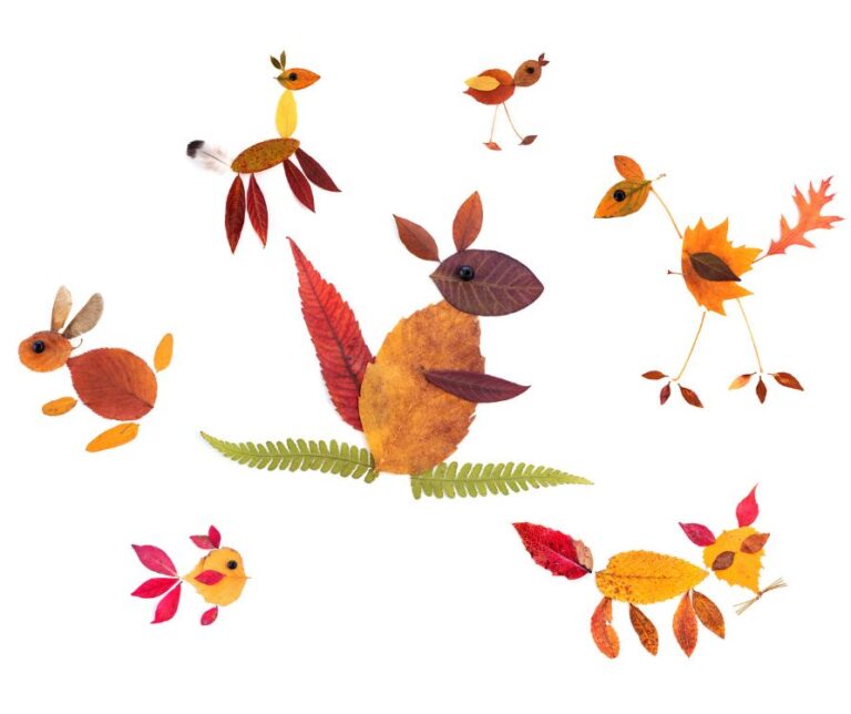 Animals made of dry leaves and found feathers.