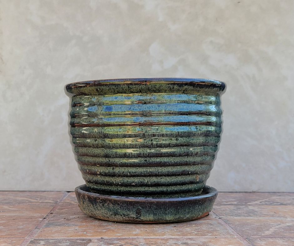 A glazed green textured pot for houseplants.