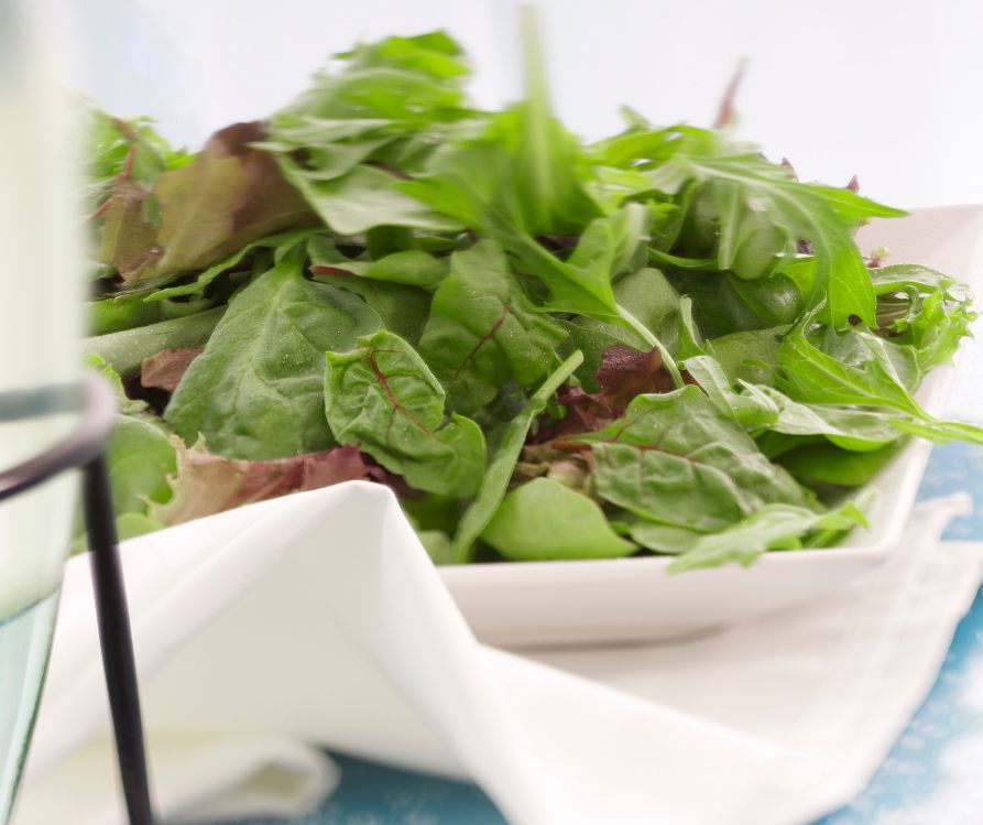 A mixed green salad featuring baby greens on a white plate.
