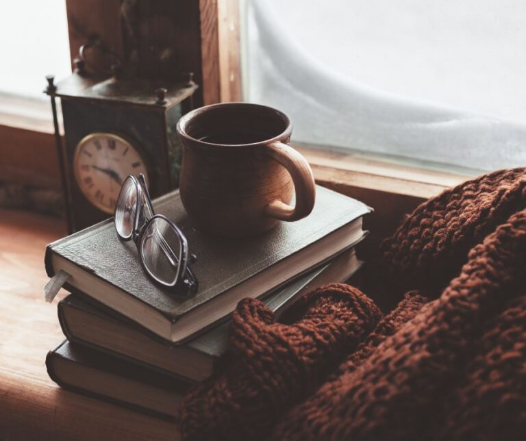Coffee, eyeglasses, maroon blanket on a deep window seal next to a winterized window.