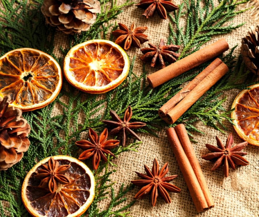 Dried orange slices, cinnamon sticks, dried anise, and evergreen fronds. 