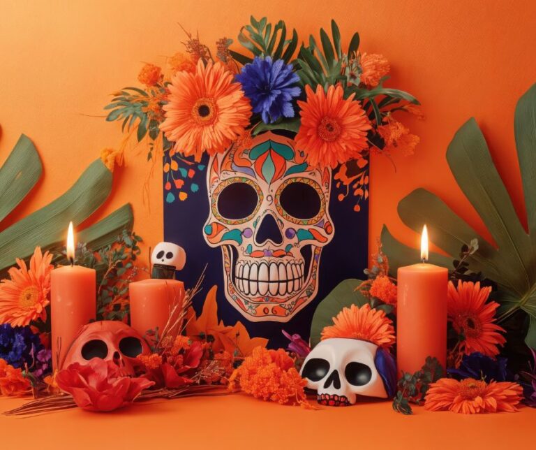Dead of the Dead decorations including, skulls, candles, and orange flowers