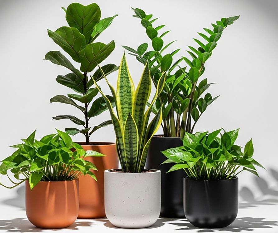 A grouping of green houseplants in pots.