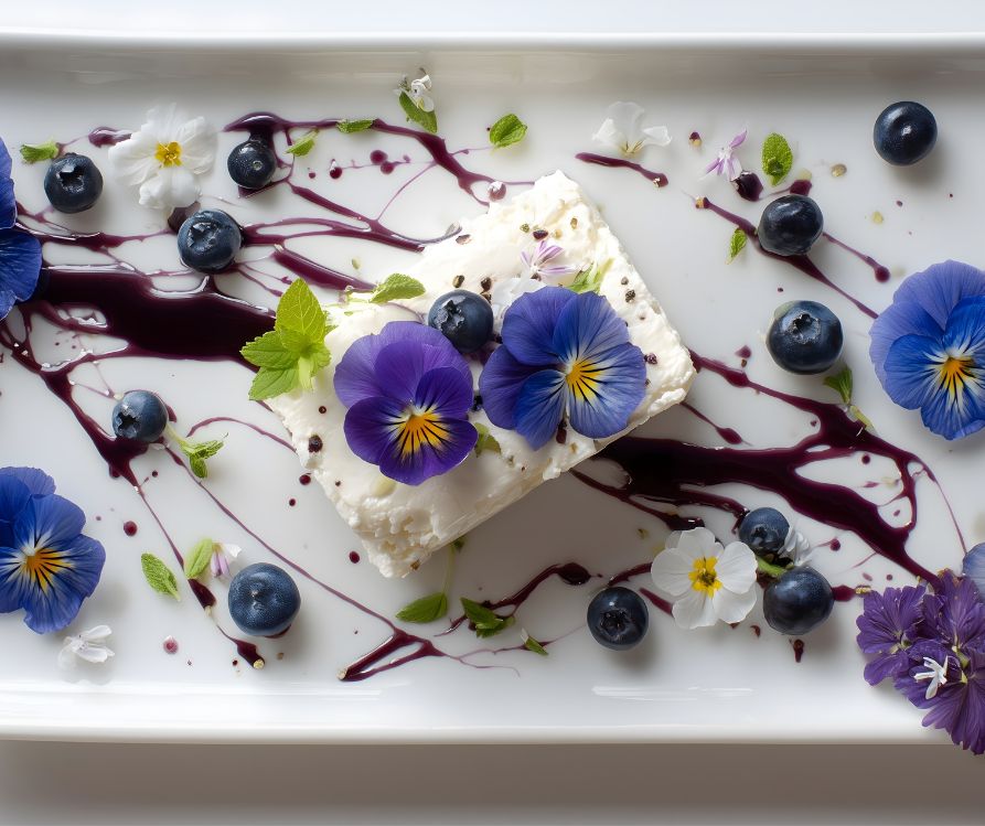 Purple viola flowers on a square of cheesecake on a white plate with fresh blueberries and a balsamic reductions.