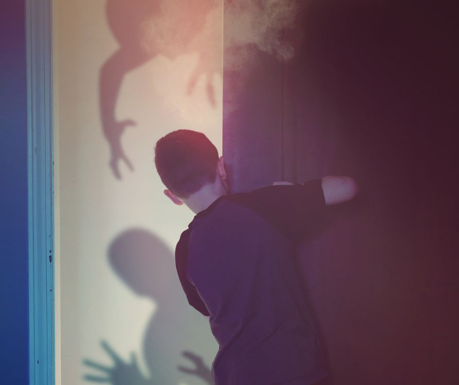 A kid in a black shirt taking a close look at Silhouettes of people on a front decorated front door.