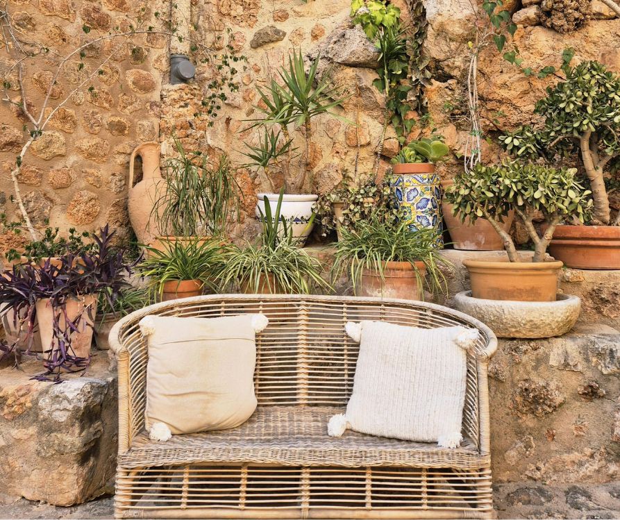 A wicker couch for two surrounded by potted plants in front of a wall.