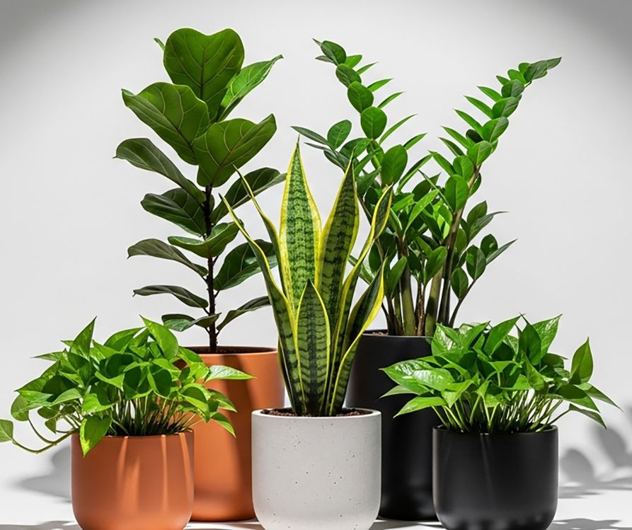 A collection of low light indoor plants. Snake, ZZ, pathos, and more.