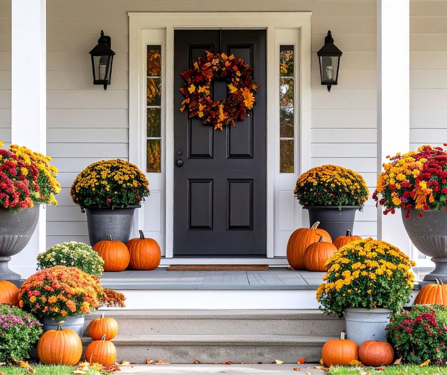 Fall door decoration comprised of mum plants of many different colors, pumpkins and an autumn wreath of colorful flowers and foliage.