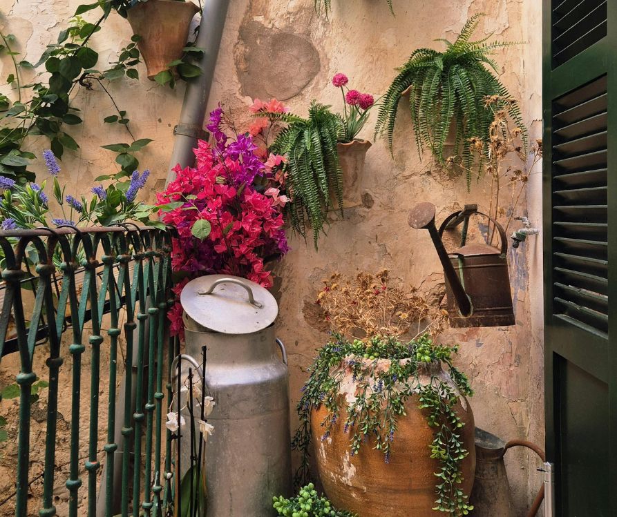 A wall mounted garden on a warm balcony.