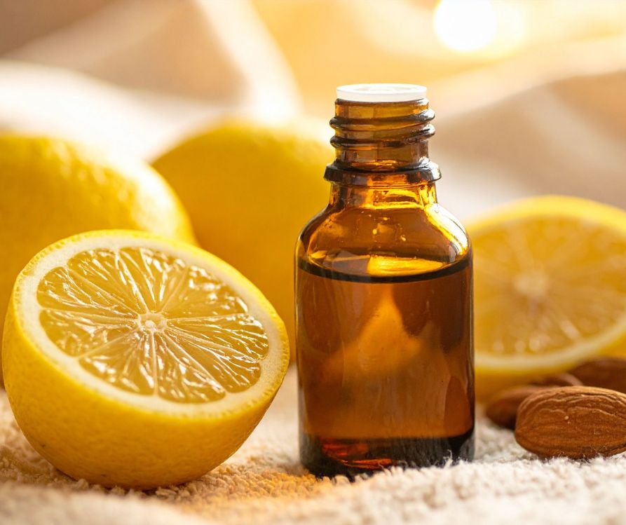 An amber bottle of essential oil next to fresh lemon halves.