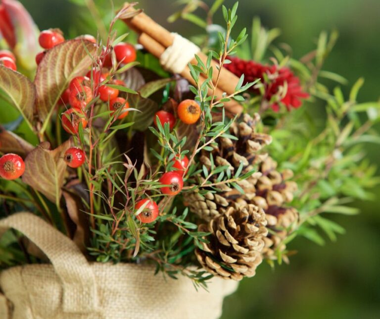 A small basket overflowing with red winter berries, pinecones, and cinnamon sticks.