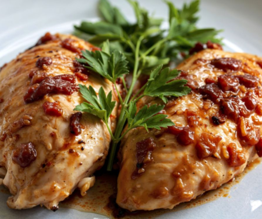 Two cooked chicken breasts with an herb sprig on a white plate.
