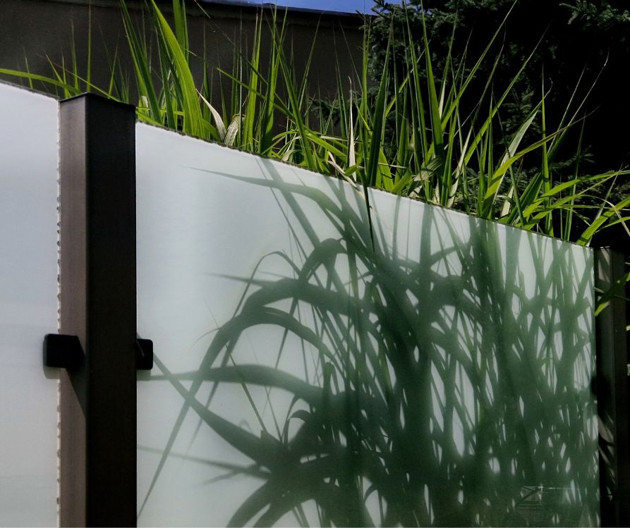Opaque patio paneling with large plants behind it.