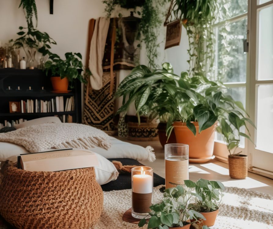 A comfortable boho livingroom full of plants, candles, and soft seating.