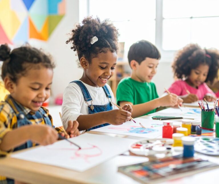 Four kids enjoying painting at a shared table.