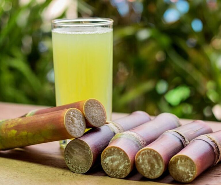 A glass of sugarcane juice on a table next to a few fresh cut canes.