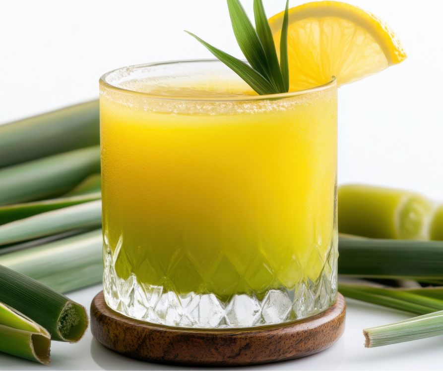 A small glass of sugarcane, lemon, and lemongrass juice.