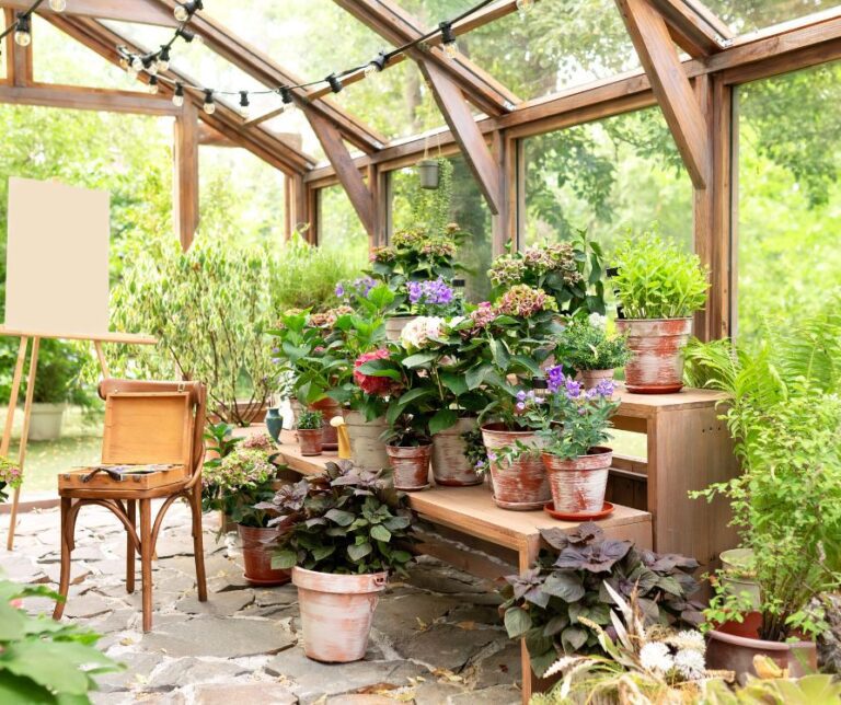 A greenhouse with space for art and plants.
