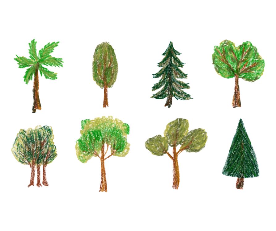 Eight trees created by a child.