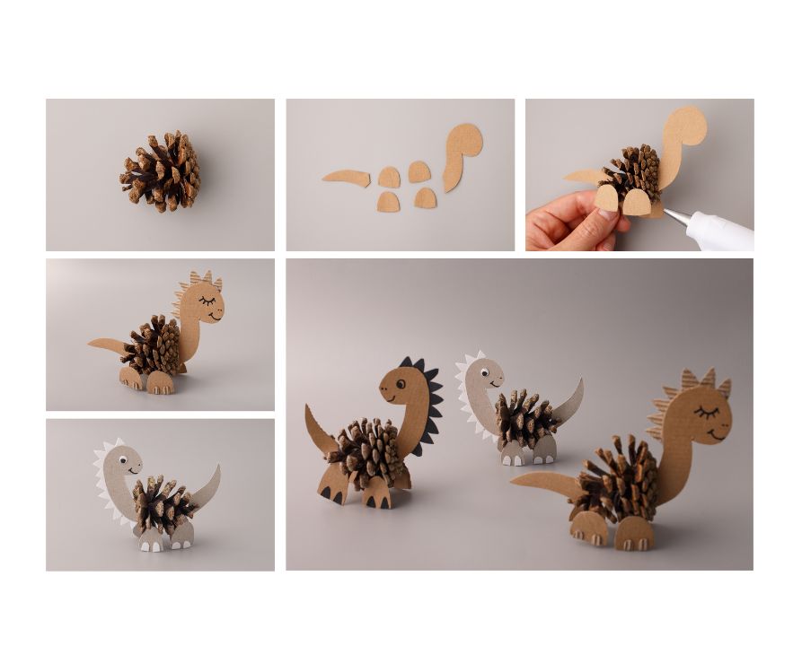 Paper and pinecone dinosaurs in stages of completion.